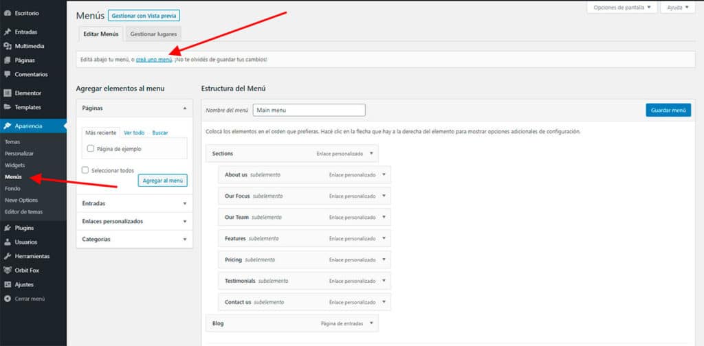 Crear Página Web Editar Menú