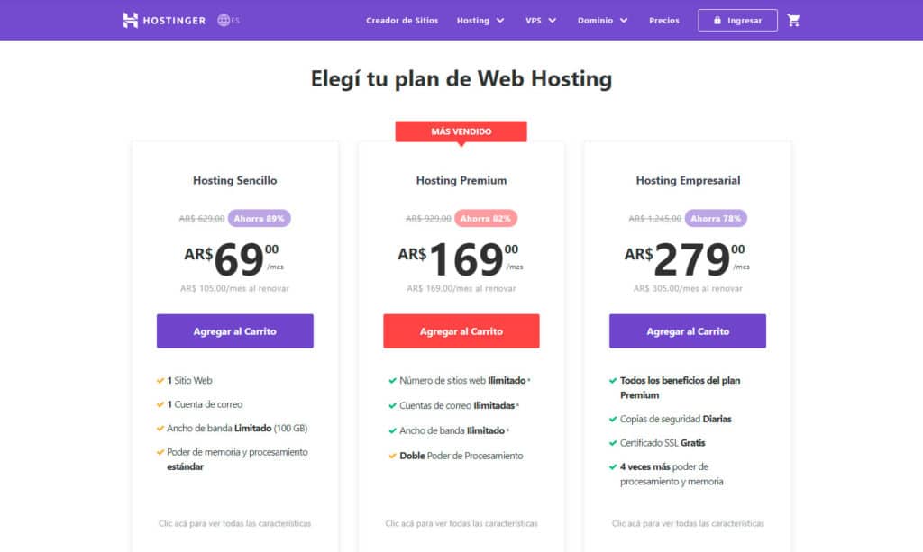 crear una página web - hostinger - planes