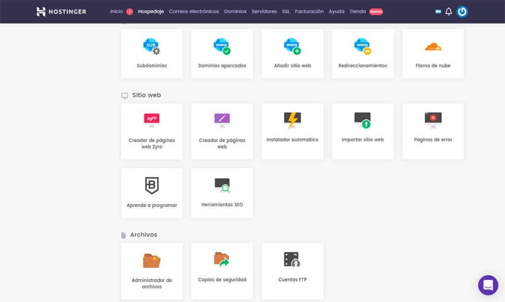 Crear Página Web - Hostinger Tablero