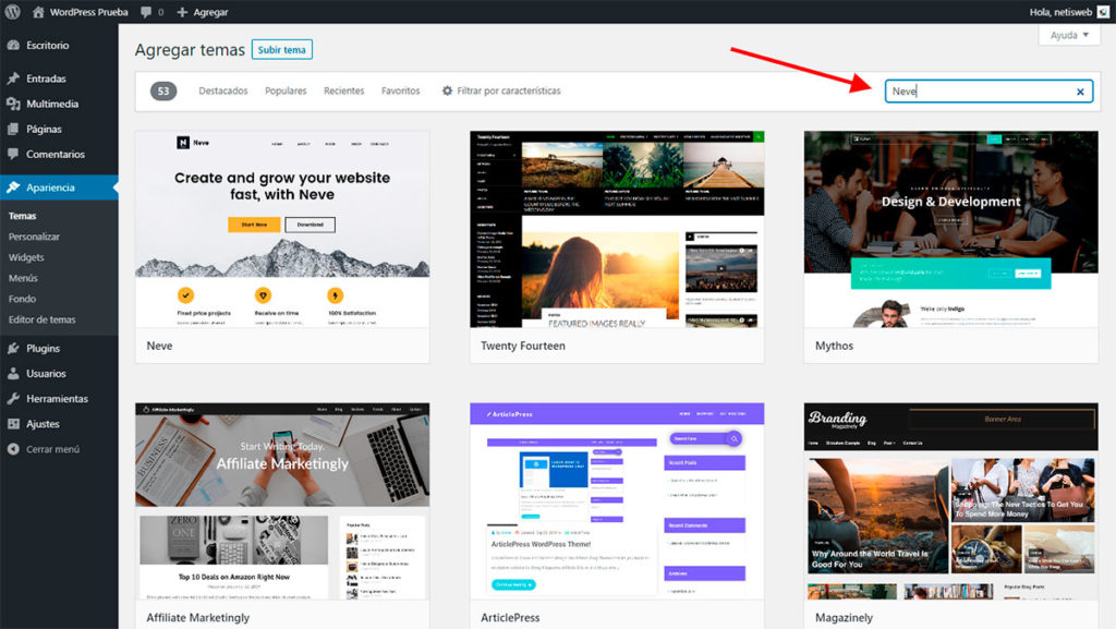 Crear Página Web WordPress Elegir Theme Neve